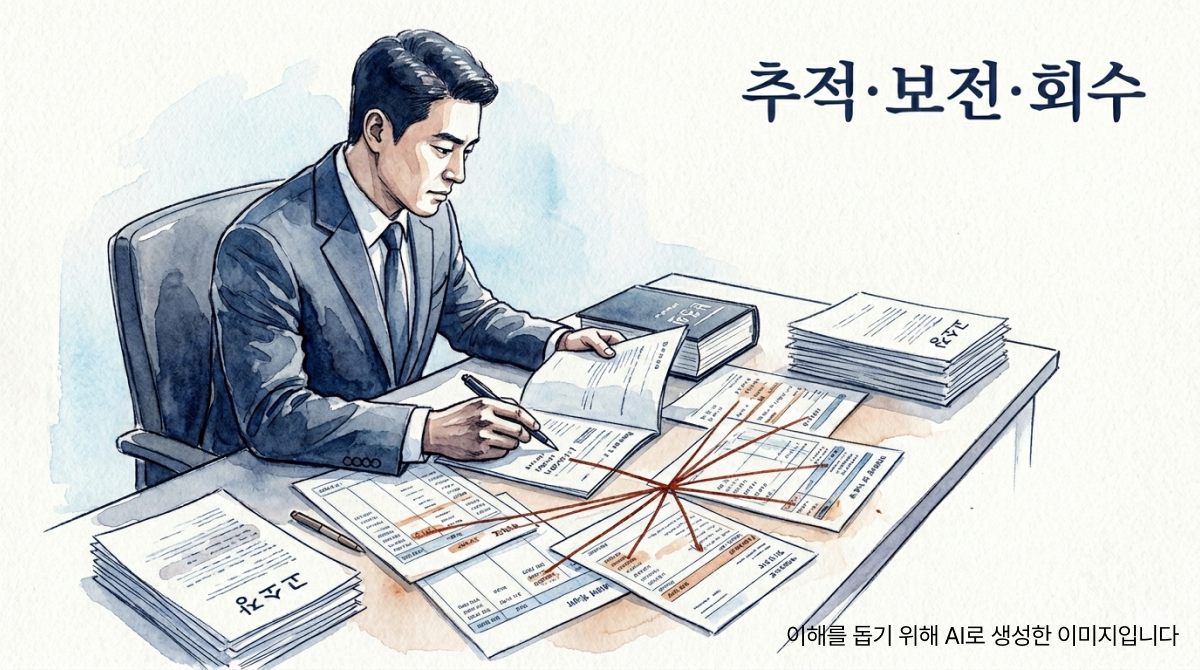횡령변호사가 책상 위에 펼쳐진 금융 거래 서류와 계좌 흐름도를 분석하며 핵심 숫자를 짚고 있는 장면