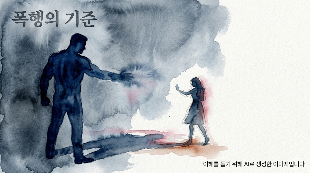 어두운 남성 실루엣이 팔을 뻗고 있고 맞은편 여성이 손을 들어 거부 의사를 표현하는 수채화 일러스트