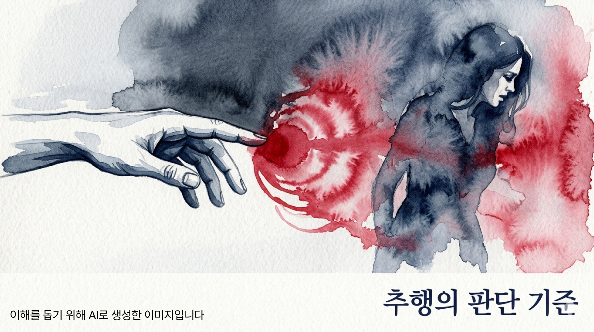 남성의 손이 뻗어 있고 접촉 지점에서 붉은 파장이 번지며 여성이 고개를 돌리는 수채화 일러스트