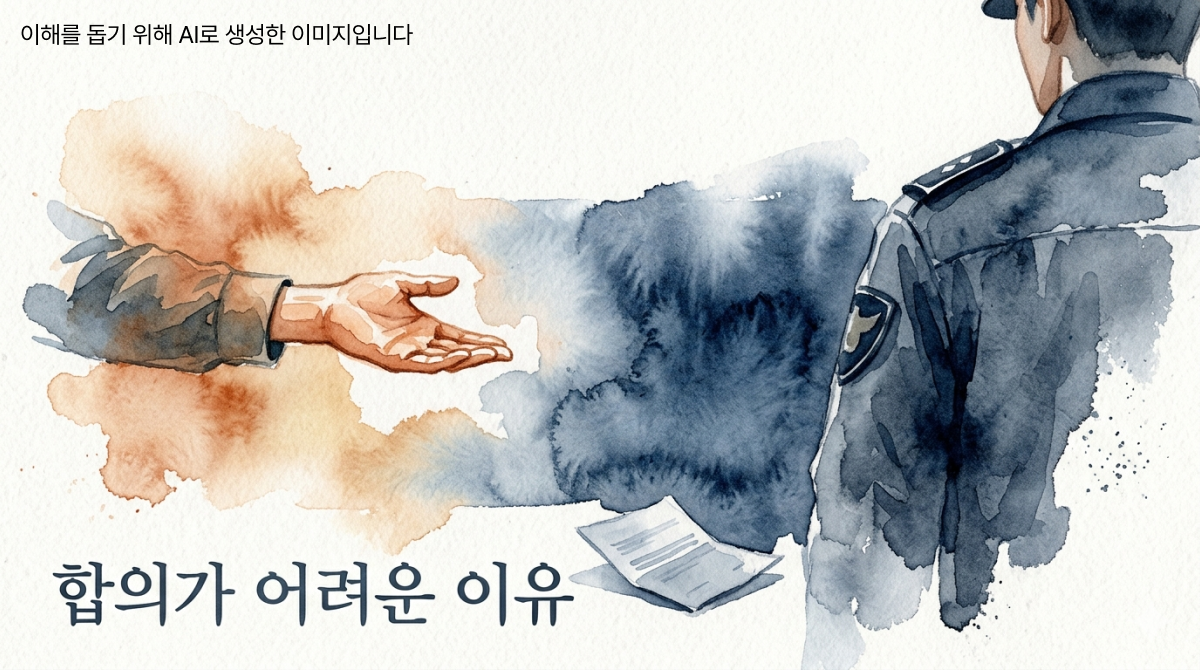 한 사람이 손을 내밀고 있지만 등을 돌린 경찰관에게 거절당하는 장면, 바닥에 접힌 서류가 놓여 있다