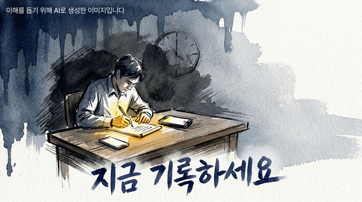 책상 앞에서 급히 메모를 작성하는 사람, 옆에 스마트폰이 놓여 있고 뒤로 시계 그림자가 드리워진 장면