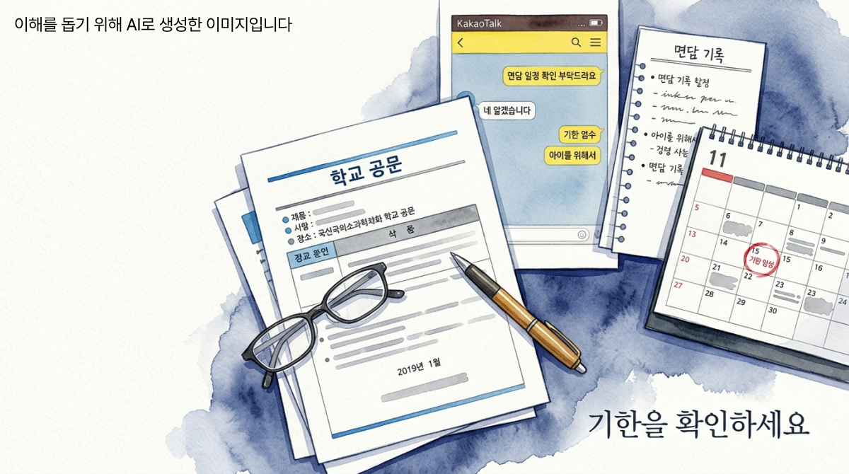 책상 위에 학교 공문, 대화 기록, 면담 메모, 펜과 안경이 정리되어 있고 옆에 달력에 날짜가 표시된 장면