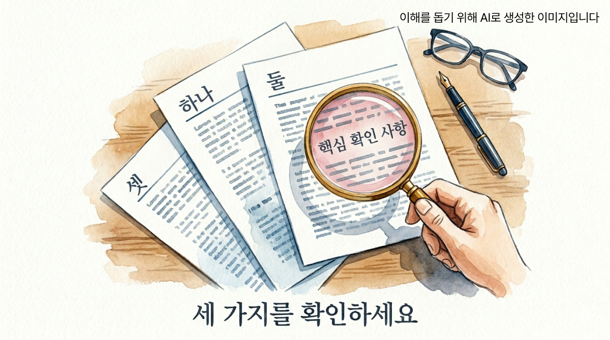 책상 위에 하나, 둘, 셋이라 적힌 세 장의 서류가 펼쳐져 있고 돋보기로 한 부분을 들여다보는 손이 보이는 장면