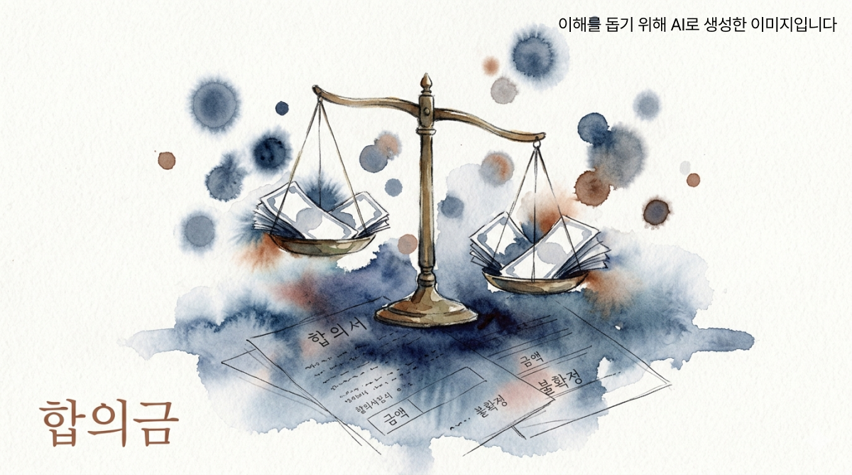 기울어진 황동 저울 양쪽에 불균형하게 쌓인 백지 지폐 다발과 흐릿한 원들이 떠 있는 장면