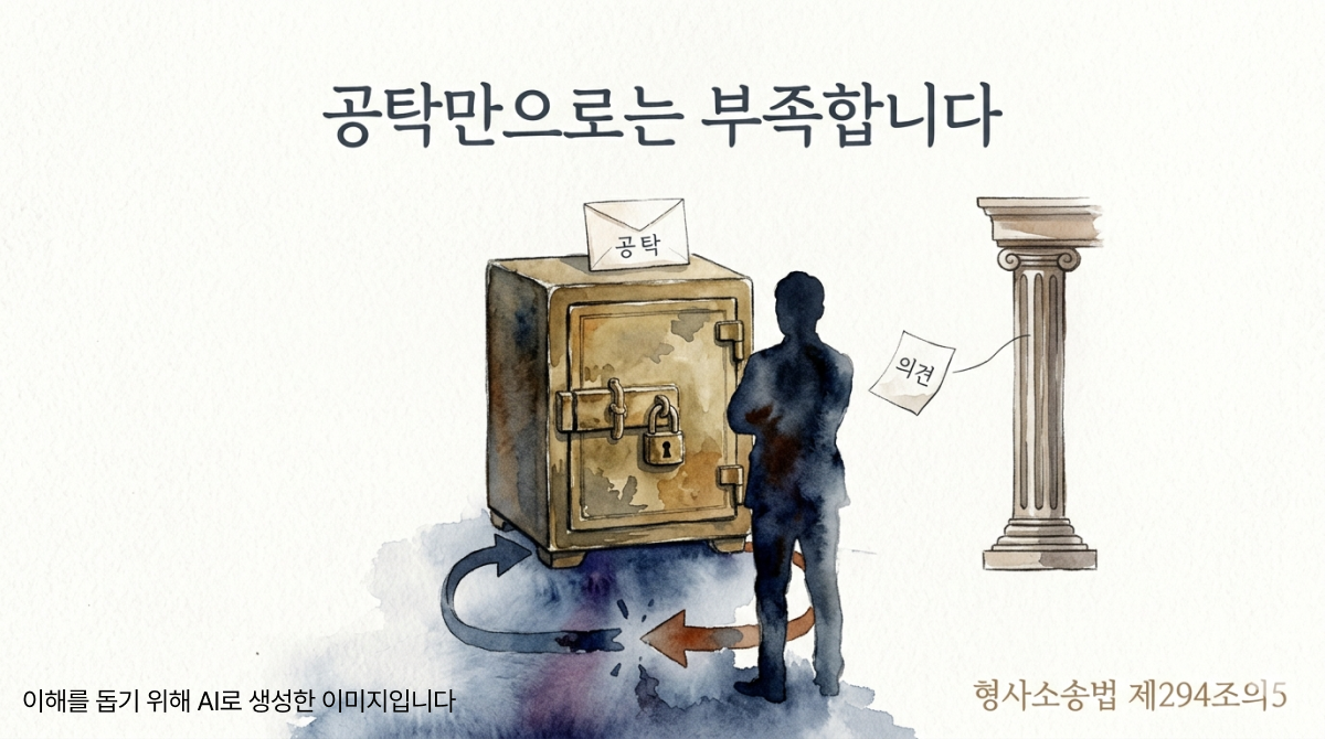 잠긴 금고 위의 공탁 봉투와 뒷모습 실루엣, 끊긴 화살표가 함께 놓인 장면