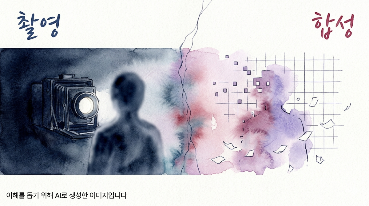 좌측의 카메라와 실재 인물, 우측의 픽셀 조각으로 형성되는 가상 인물이 대비되는 장면