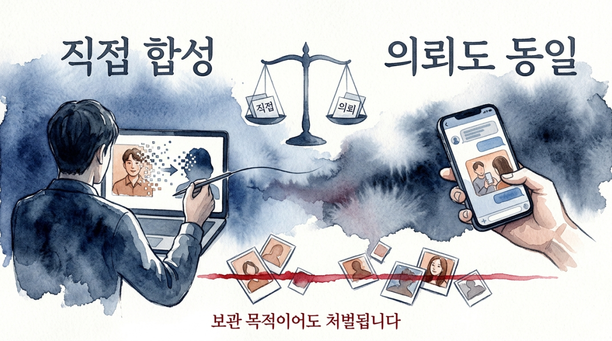 노트북 앞 인물과 스마트폰을 든 손, 그 사이에 균형 잡힌 저울과 흩어진 사진 조각들이 놓인 장면