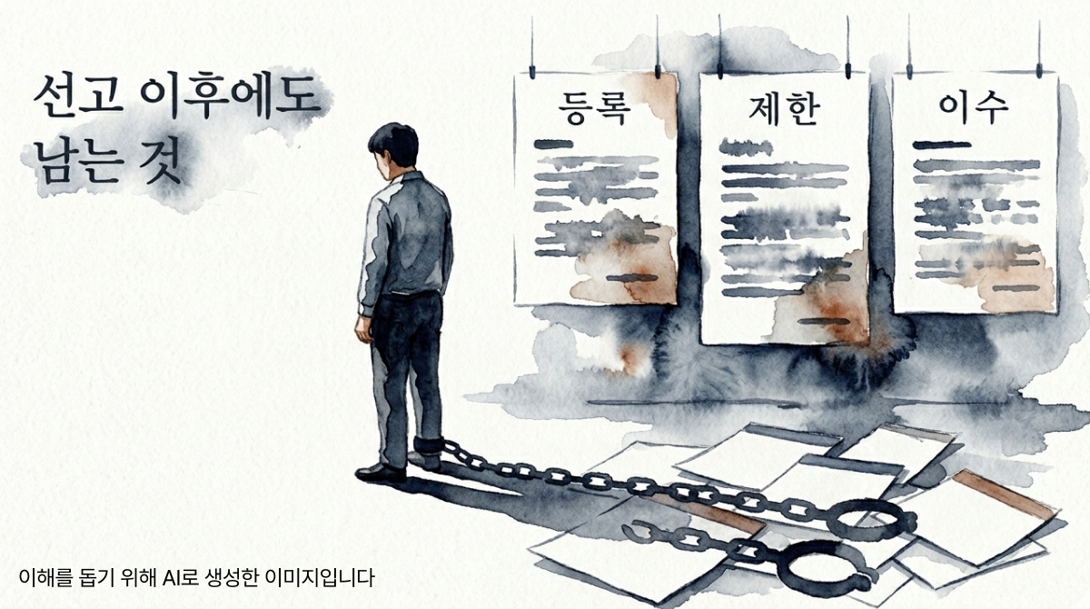 뒷모습 인물의 그림자가 족쇄 모양으로 달력 페이지 위에 길게 뻗어 있고, 뒤편에 등록·제한·이수 제목의 공적 서류 세 장이 떠 있는 장면