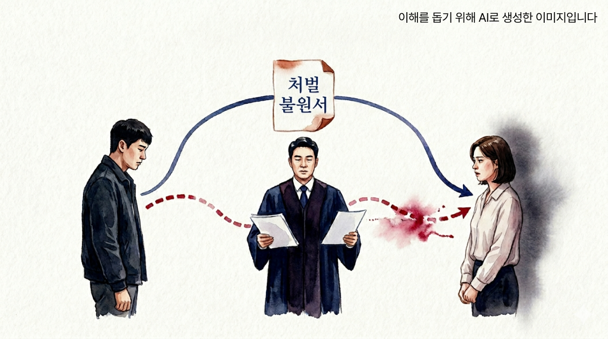 좌우로 선 두 인물 사이에 변호인이 중재자로 서서 처벌불원서를 전달하고, 두 인물을 직접 연결하는 붉은 점선은 중간에서 끊어진 장면