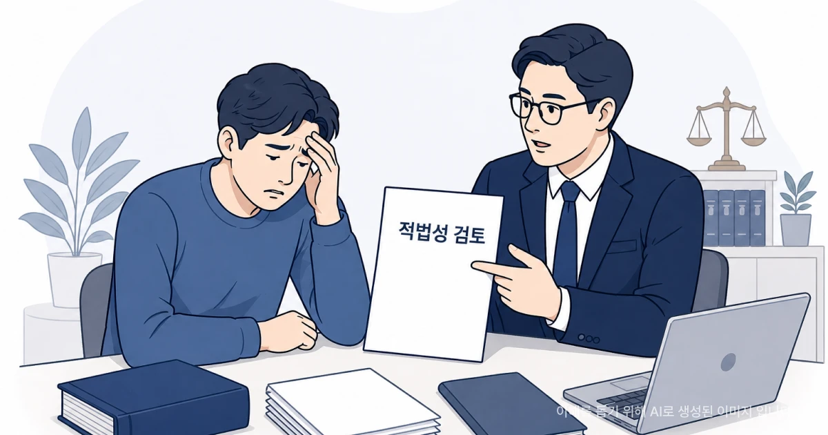 소송이 장기화되는 상황에 후회하는 매수인. 머리 위 변호사와 함께 적법성을 검토하는 모습