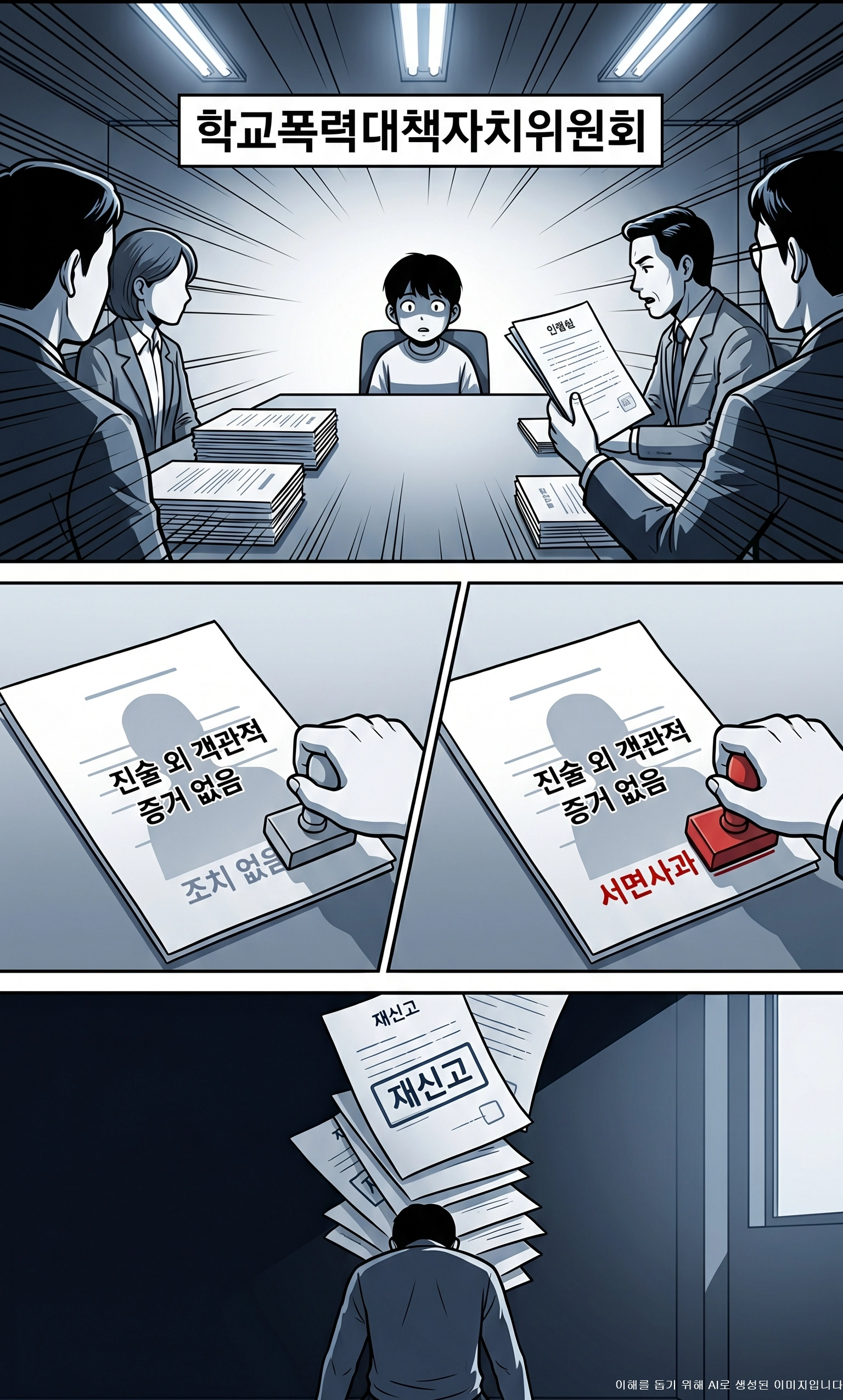 학교폭력 심의위원회에 홀로 앉은 초등학생이 통지서에 없던 혐의를 처음 듣고 당혹스러워하는 이미지