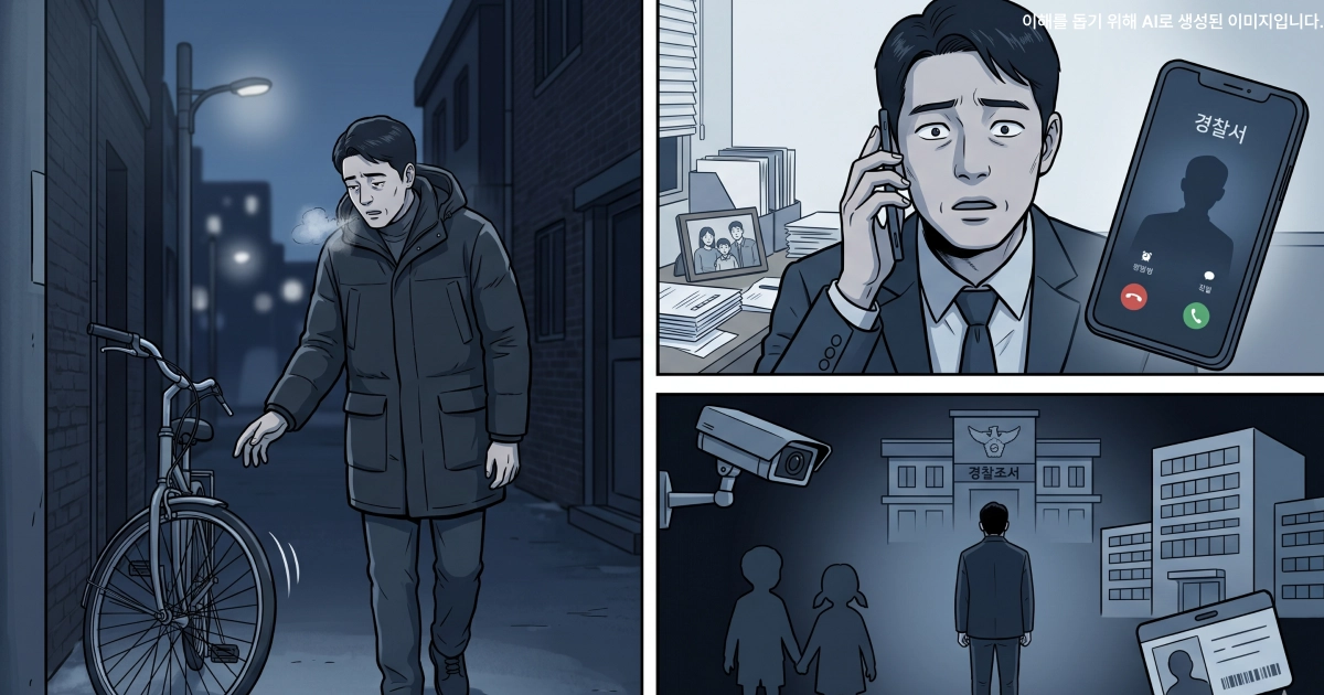 자전거 절도 혐의로 경찰 조사를 앞두게 된 직장인의 상황을 3컷으로 묘사한 이미지