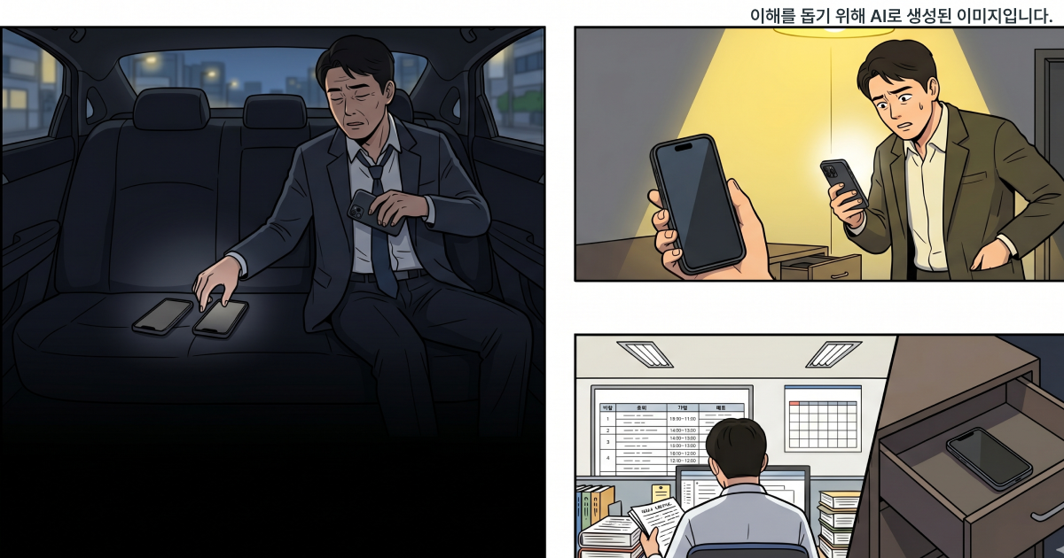 신입 연수로 바쁜 일상 속에서 타인의 휴대폰 반환을 미루게 된 상황을 묘사한 이미지.