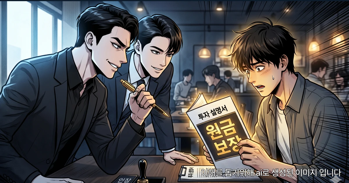 카페에서 두 남자가 '원금이 보장되는 투자입니다'라고 적힌 투자 설명서를 손가락으로 가르키며 한 남자를 설득하고 있고, 설명을 듣는 남자는 혹한 표정으로 서류를 집중해서 바라보고 있는 모습