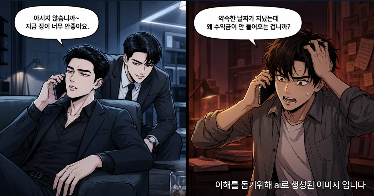 투자 사기 원금 보장 거짓말 피해 장면, 가해자는 여유롭게 통화하며 핑계, 피해자는 수익금 미지급에 분노와 불안 표출하는 대비 이미지