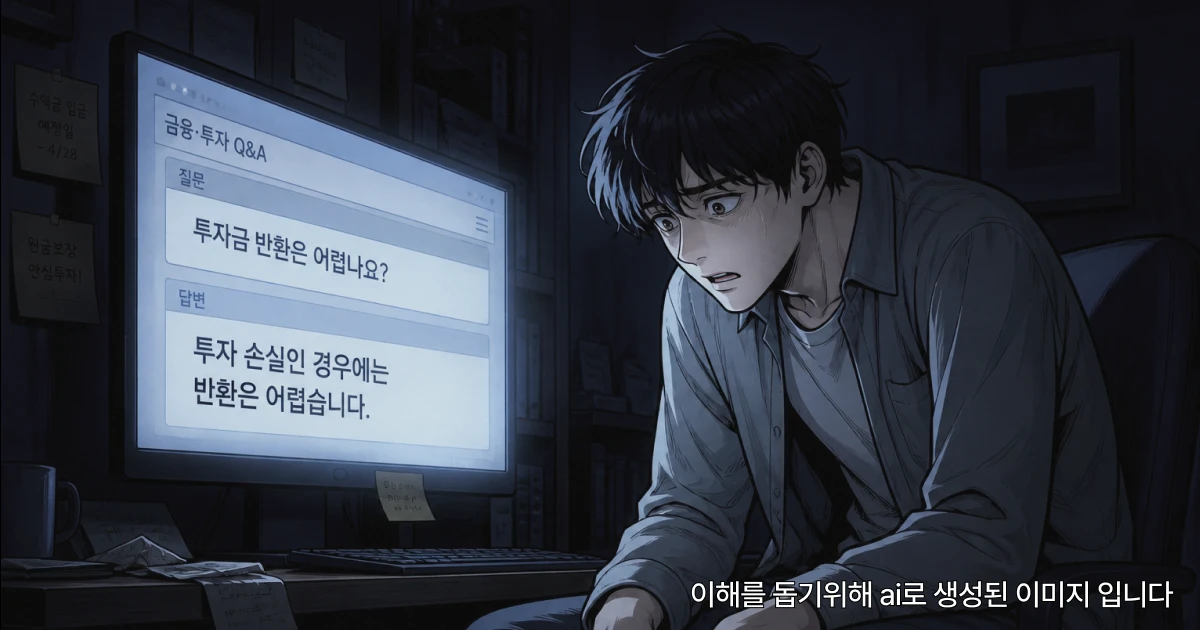 투자 사기 피해자가 밤에 홀로 모니터를 보며 투자금 반환 불가 답변을 확인하고 절망하는 장면