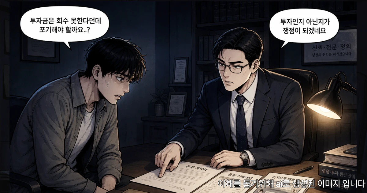 투자 사기 피해자가 변호사 상담에서 투자금 회수 가능성을 묻고, 변호사가 투자 여부 쟁점을 검토하는 장면