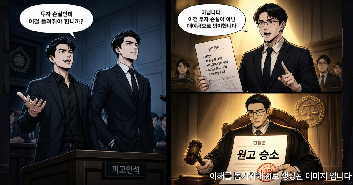 투자 사기 재판 장면, 가해자는 투자 손실 주장하며 부인하고 변호사는 대여금 주장으로 반박, 판사는 원고 승소 판결을 내리는 순간