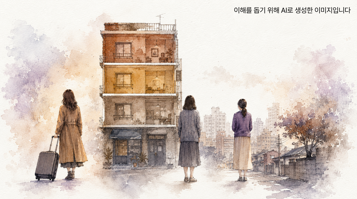 등을 진 채 서로 다른 방향을 바라보는 세 자매와 그 뒤로 층마다 다른 색으로 나뉜 4층 건물이 그려진 수채화 일러스트