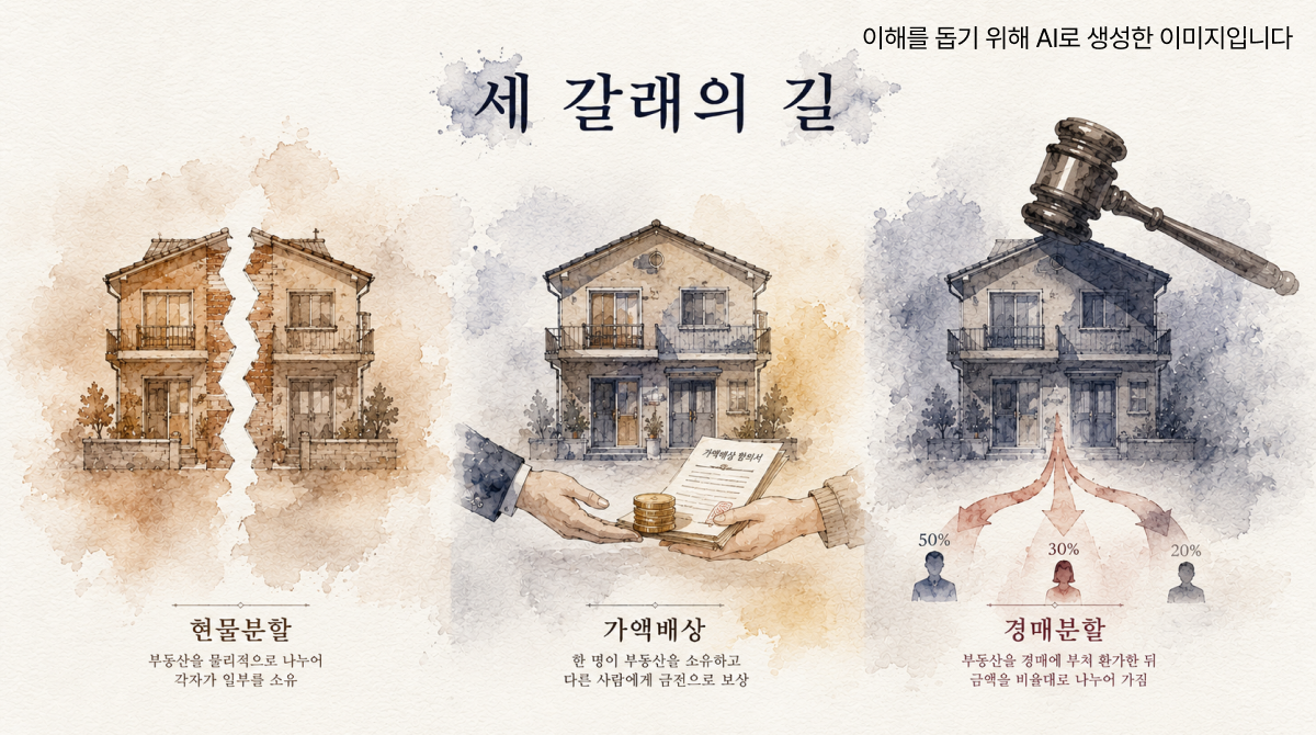 두 조각으로 나뉜 집, 동전과 함께 있는 온전한 집, 경매봉 아래 놓인 집이 세 영역으로 나란히 그려진 공유물분할 수채화 일러스트.