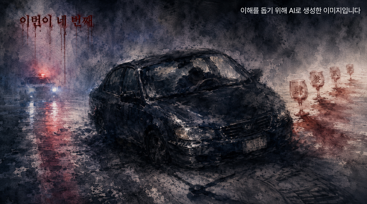 도로 위에 정차된 차량과 운전석에 잠든 인물, 뒤편으로 멀어지는 네 개의 술잔 그림자가 그려진 수채화 일러스트
