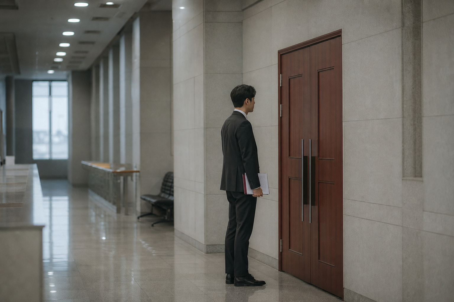 법정 들어가기 전, 문 앞에 서 있는 변호사 모습