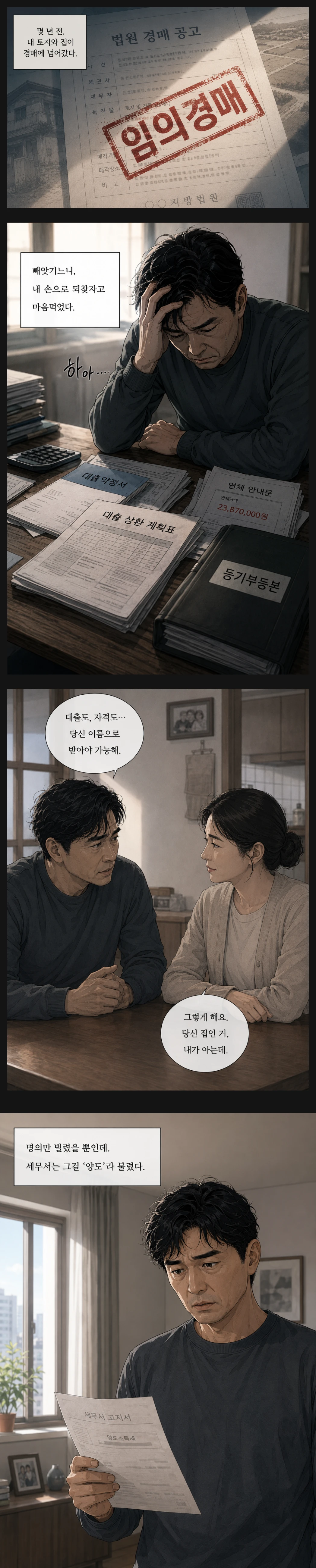 배우자 명의로 경매 낙찰받았더니 양도소득세를 내게 된 상황 웹툰컷