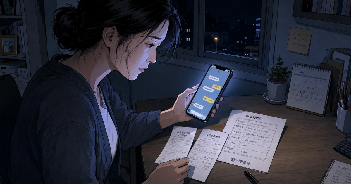 Frame 2147236872 지인의 현금 보관을 대신 해주며 이체 확인증 체크하는 의뢰인의 모습