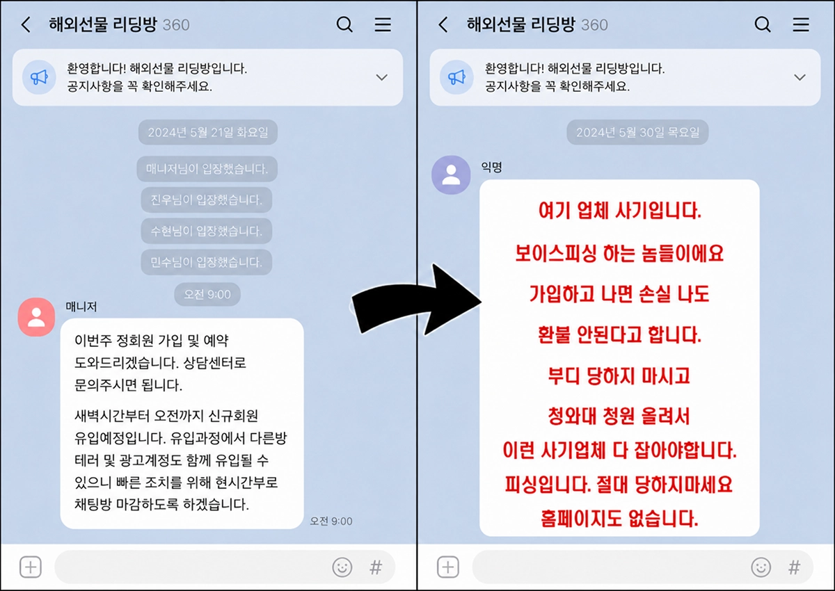 해외선물 리딩방에서 가입을 유도한 뒤 며칠 후 익명 참여자가 사기 경고 메시지를 보낸 단체채팅 캡쳐 이미지
