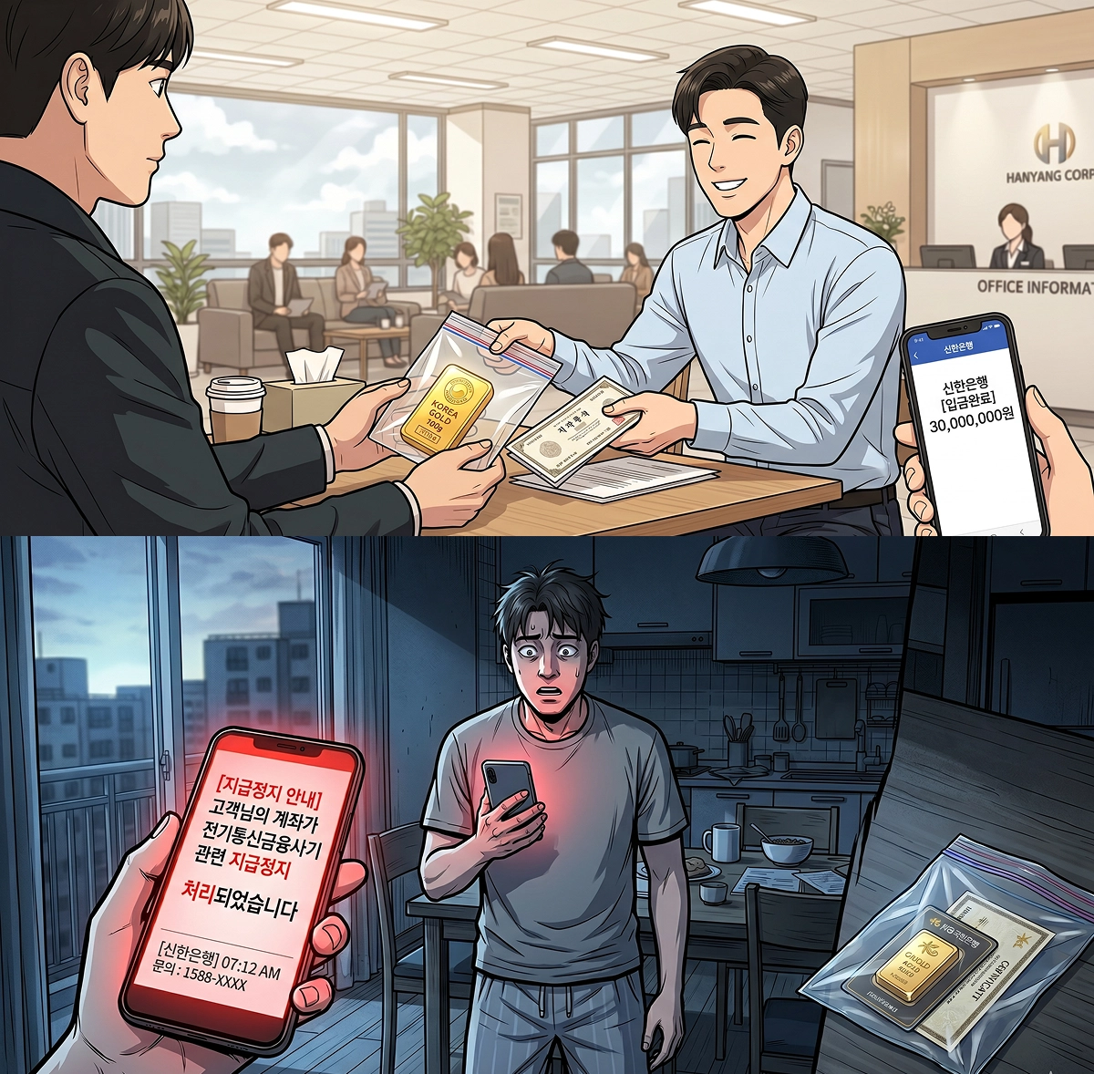 회사 로비에서 골드바를 직접 건네며 중고거래를 완료하는 남성, 그 다음날 새벽 지급정지 문자를 받고 충격에 빠진 모습