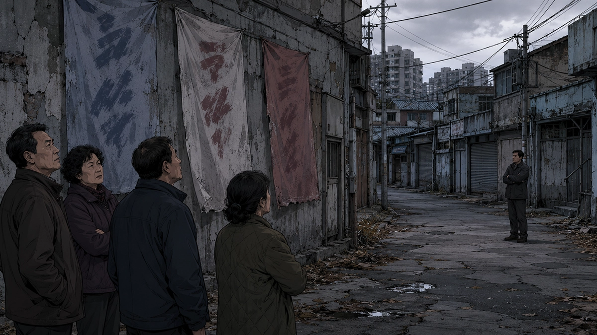 재개발 구역 골목에서 주민들이 두 패로 나뉘어 현수막을 사이에 두고 대립하는 웹툰 스타일 일러스트, 업무방해죄 분쟁 이미지