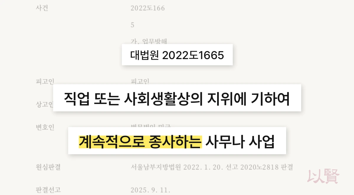 대법원 2022도1665 판결문 배경 이미지. 업무방해죄의 업무란 '직업 또는 사회생활상의 지위에 기하여 계속적으로 종사하는 사무나 사업'임을 명시한 대법원 판시 문구