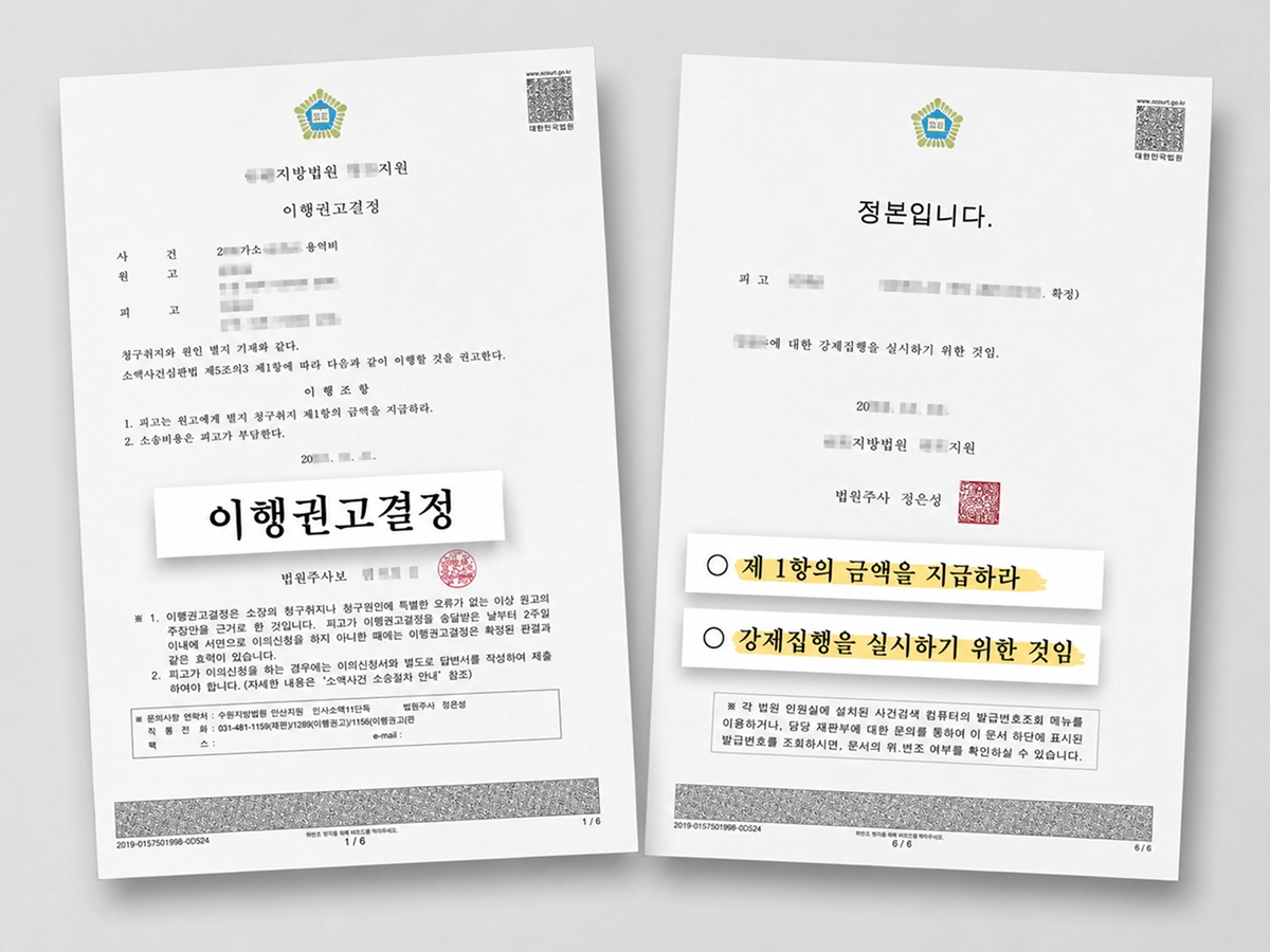이행권고결정문과 강제집행 실시하기 위한 판결문