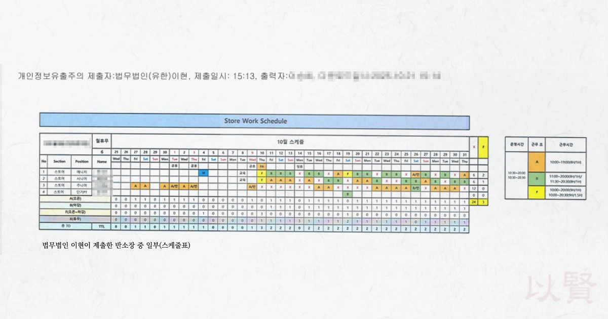 법무법인 이현이 제출한 반소장 중 출퇴근 데이터 발췌한 이미지