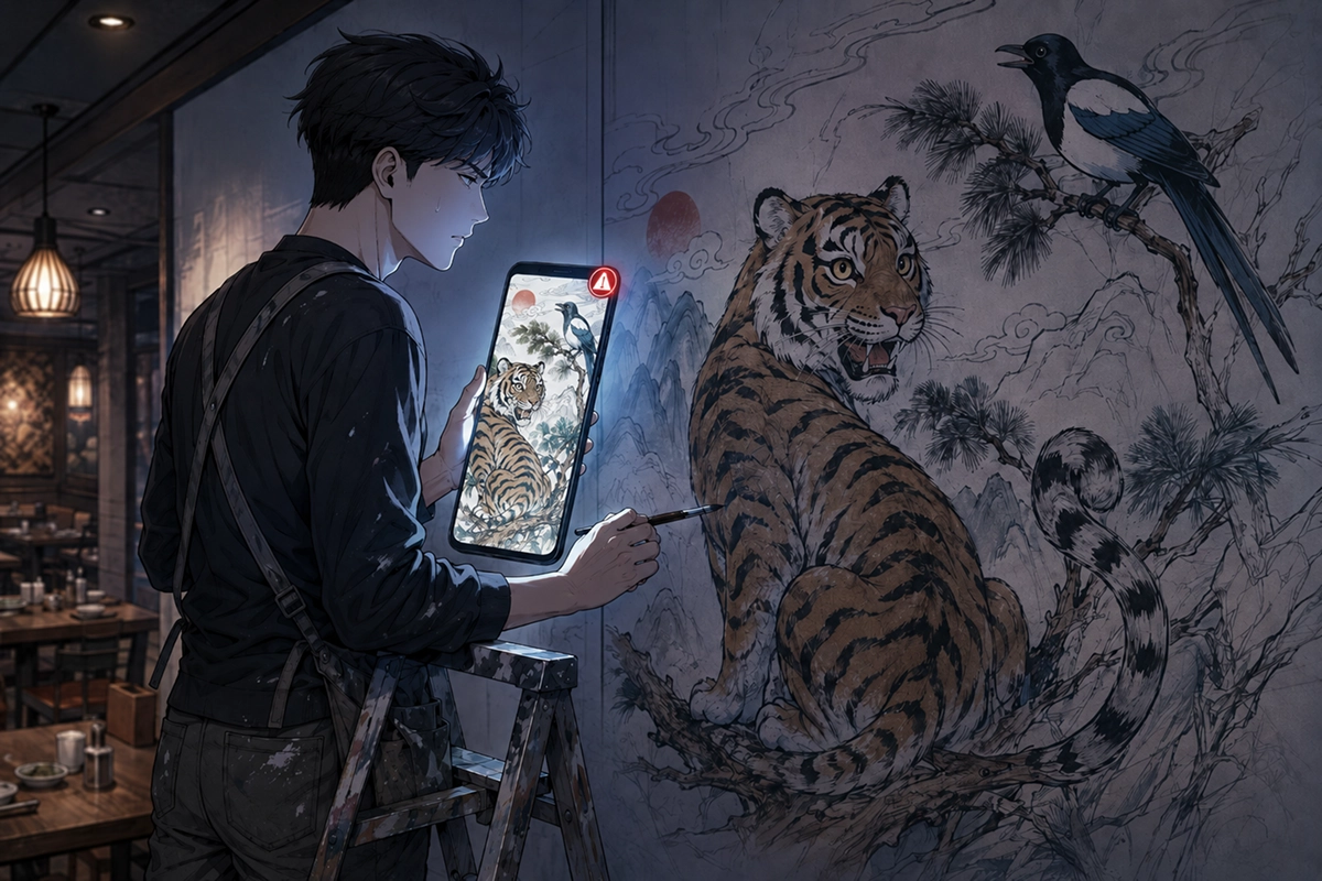 외주 작가가 의뢰 받은 식당에서 작업하는 이미지