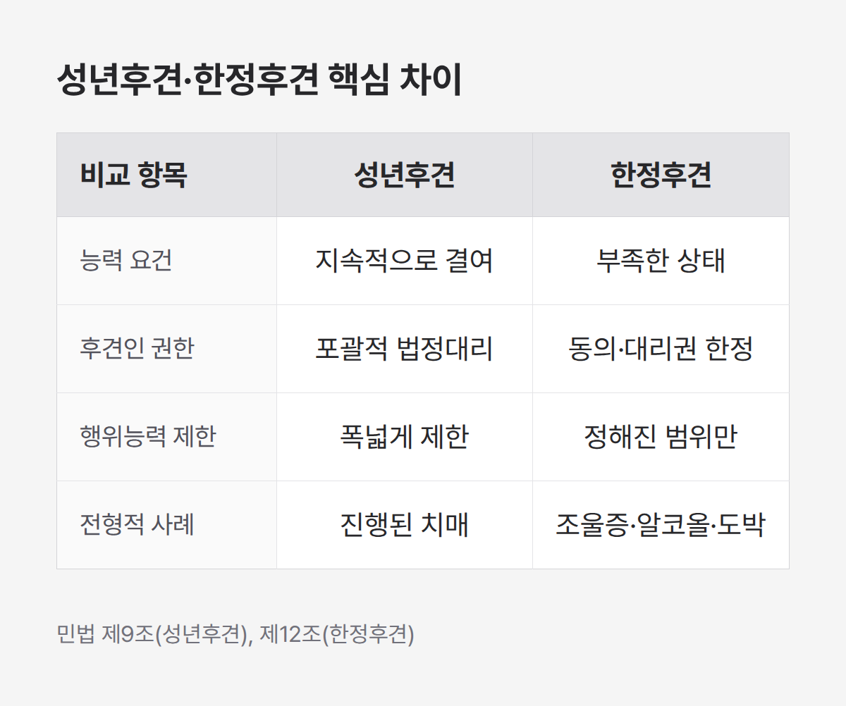 성년후견 vs 한정후견 능력 요건, 권한 4항목 비교