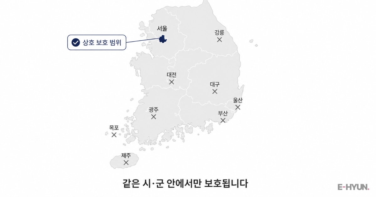 대한민국 지도에서 서울만 강조된 이미지 : 상호 등기의 보호 범위는 동일 시·군 안으로 제한됨을 나타냄
