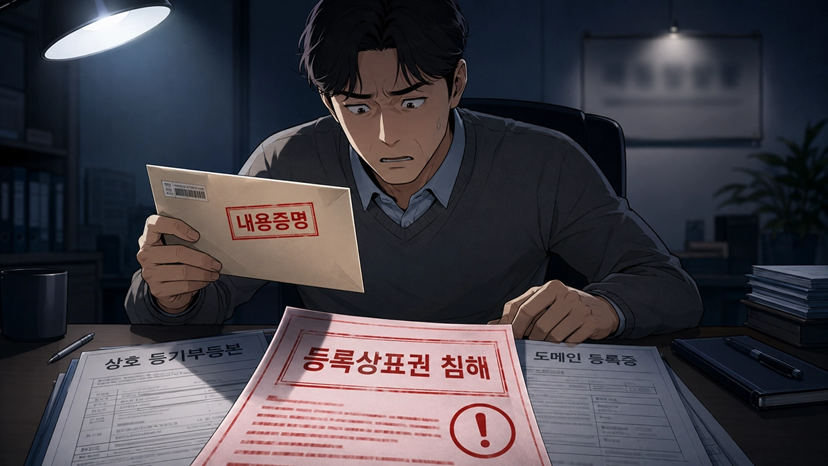 상호 등기부등본과 도메인 등록증을 갖고 있던 사업자가 등록상표권 침해 내용증명을 받고 당황하는 이미지