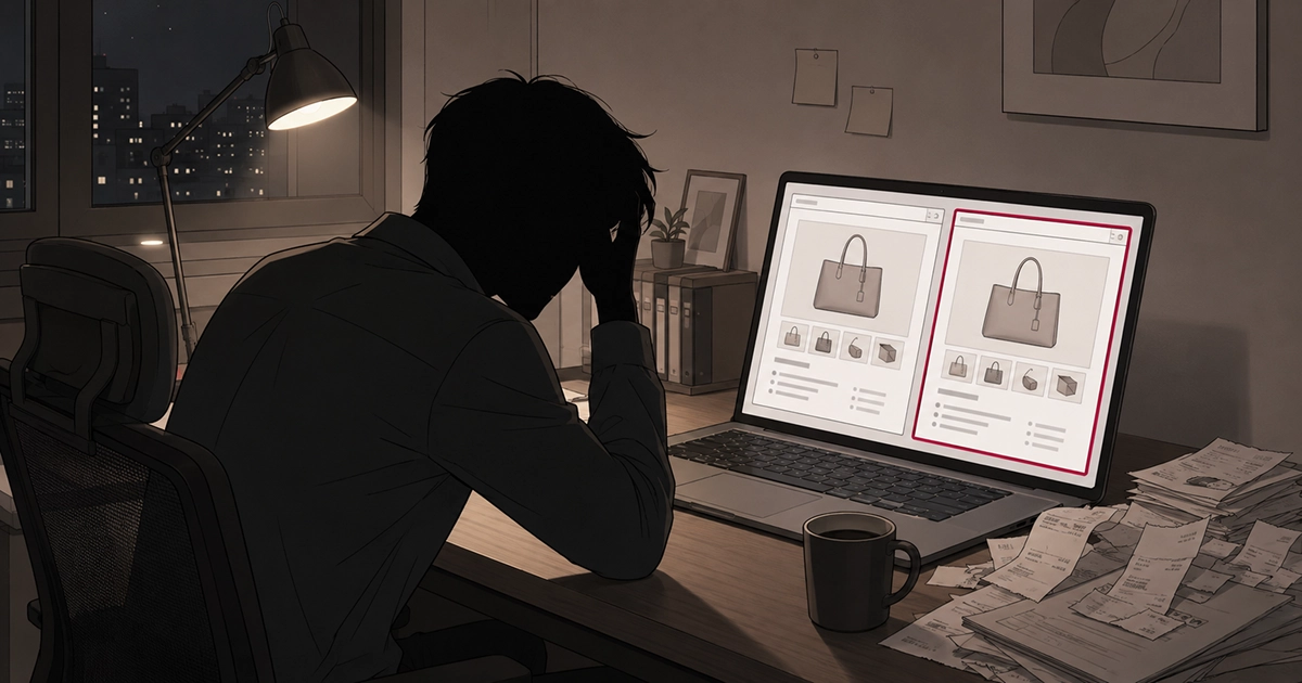 온라인 쇼핑몰 상세페이지 도용 피해를 확인한 남성 사업자가 노트북 앞에서 막막해하는 모습