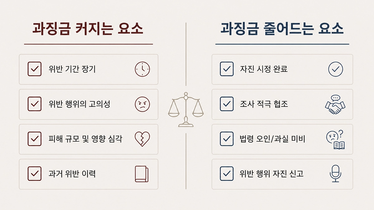 과징금이 커지는 요소와 줄어드는 요소를 좌우로 비교한 표