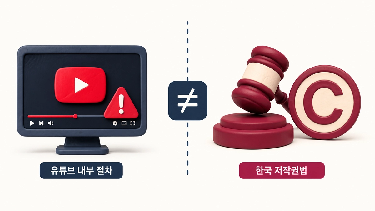 유튜브 저작권 신고 절차(플랫폼 내부 시스템)와 한국 저작권법상 법적 대응 수단은 별개로 작동한다는 것을 나타내는 비교 일러스트
