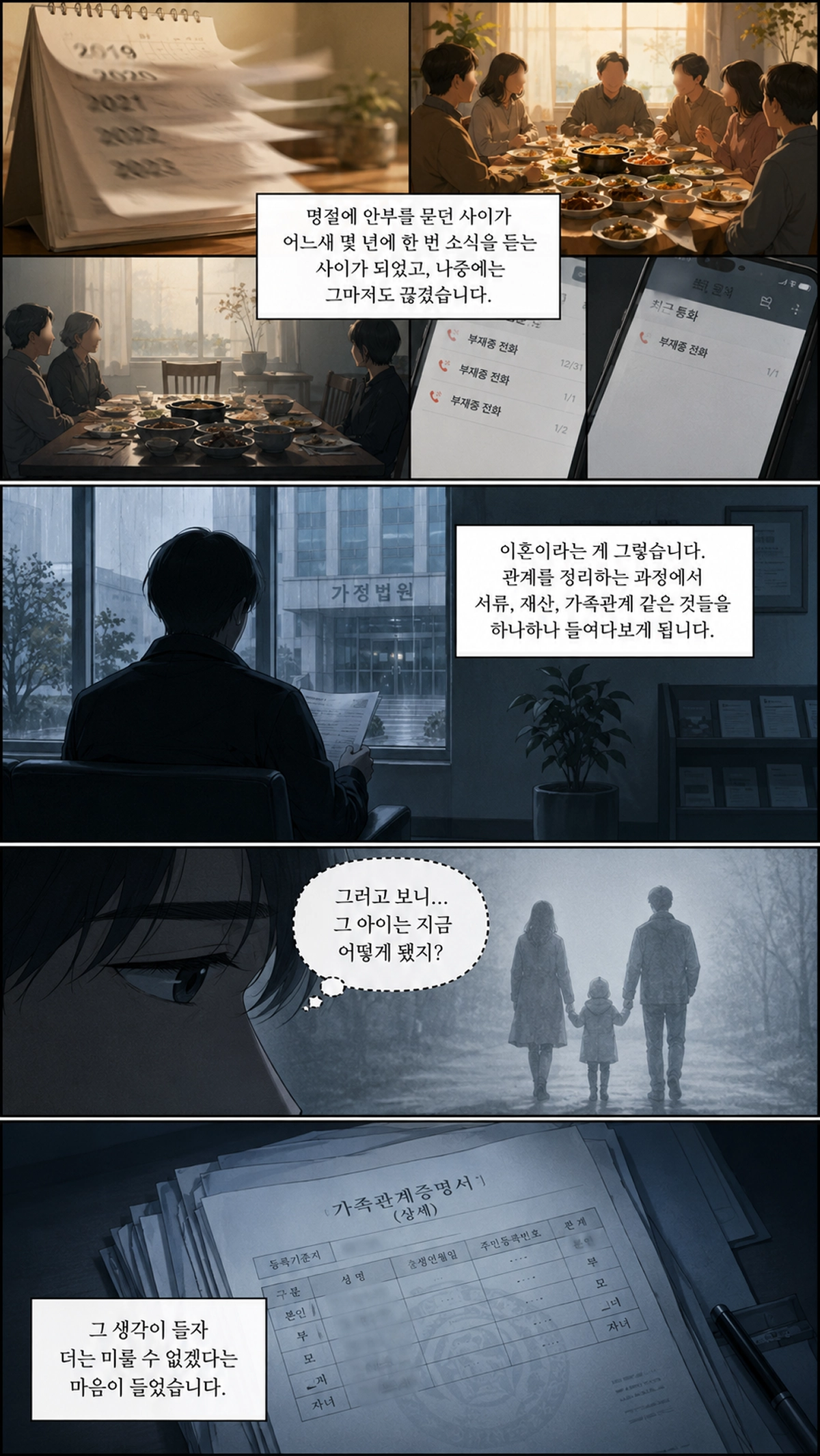 이혼 후 오래전 잊고 있던 가족관계를 떠올리며 서류를 들여다보는 모습을 그린 웹툰 컷