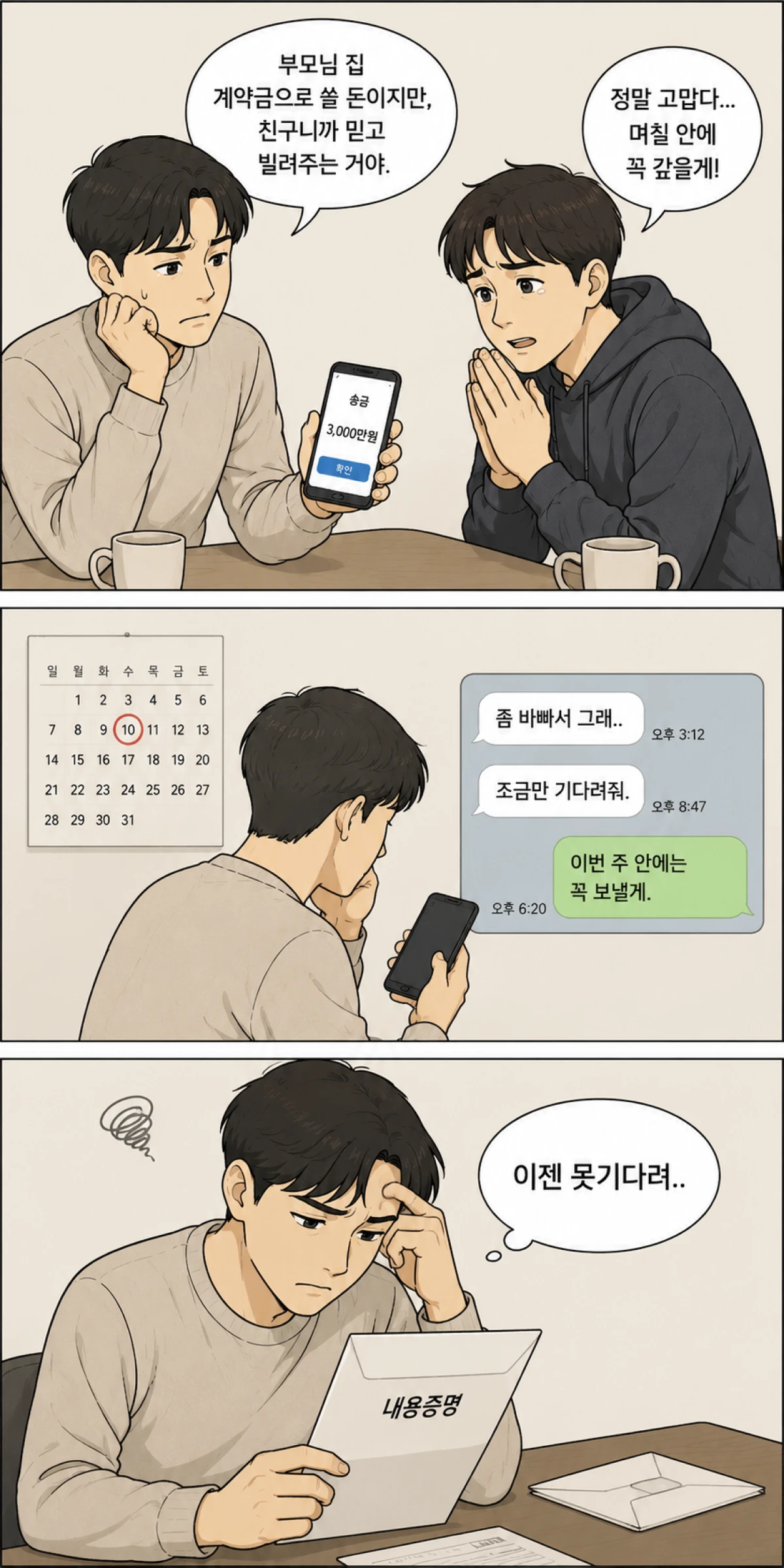 지인에게 돈 빌려주는 상황 묘사 이미지
