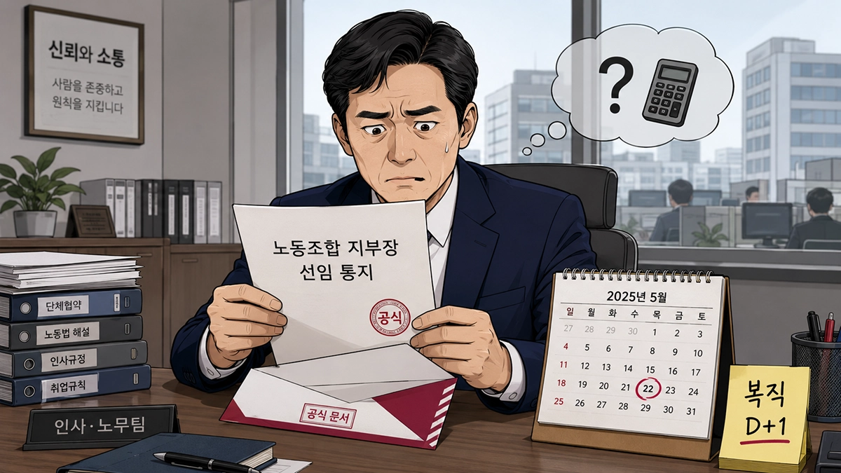 노동조합 지부장 선임 통지’ 공문을 확인하며 복직 D+1 급여 지급 여부를 고민하는 모습