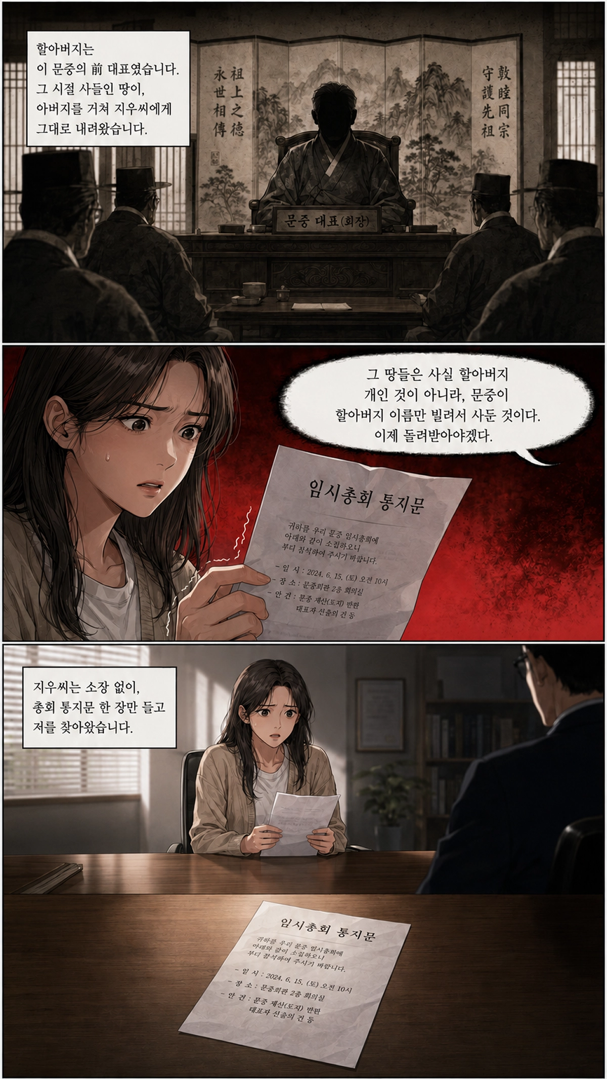 종중임시총회 통지문 보고 당황해하는 의뢰인 모습