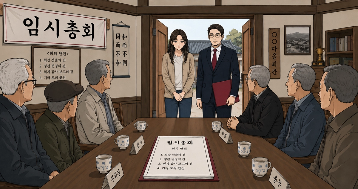 변호사와 의뢰인이 임시총회 같이 참석하는 장면