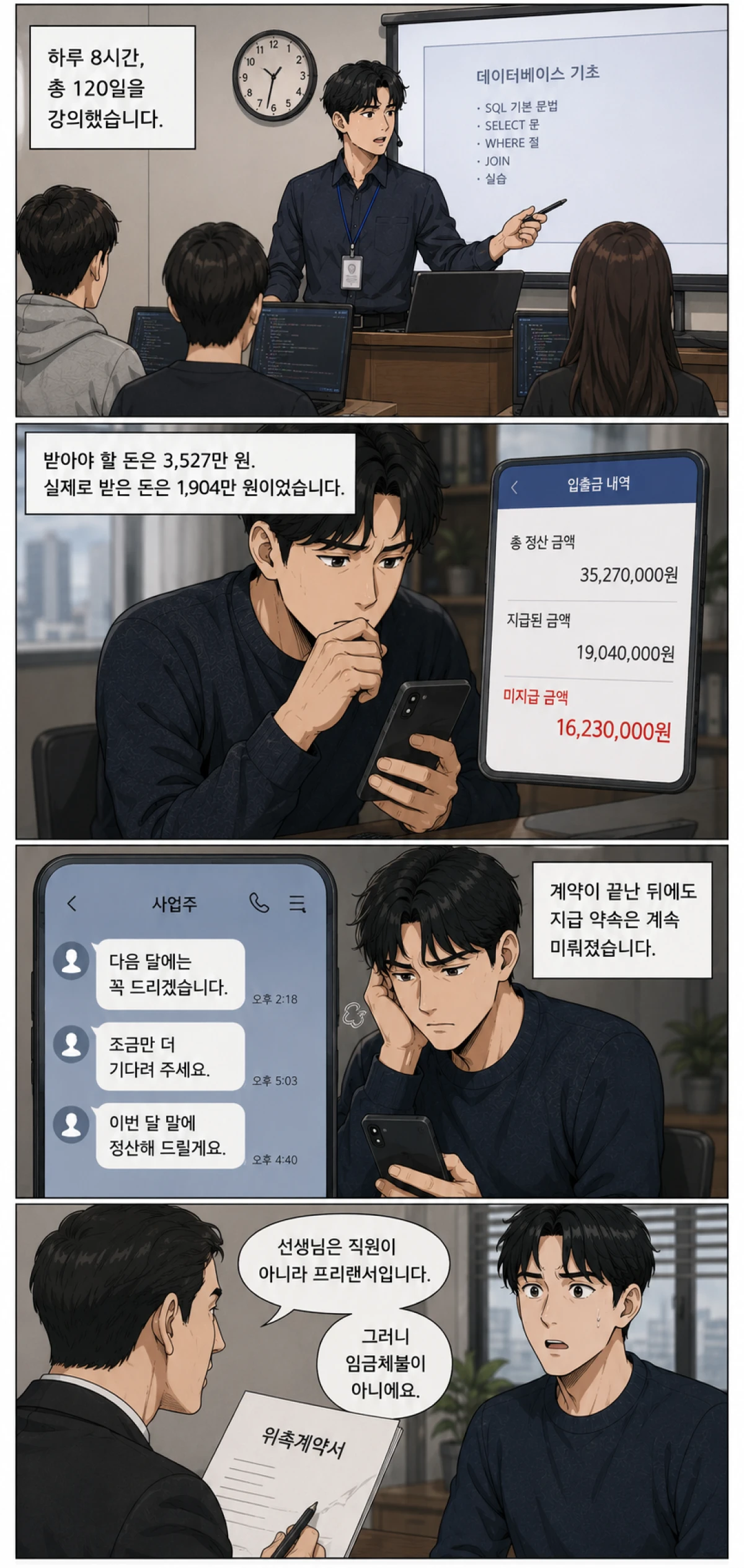 정우진 씨는 노동청에 신고해야 할지, 소송까지 해야 할지 고민하다 이현을 찾은 경위 묘사