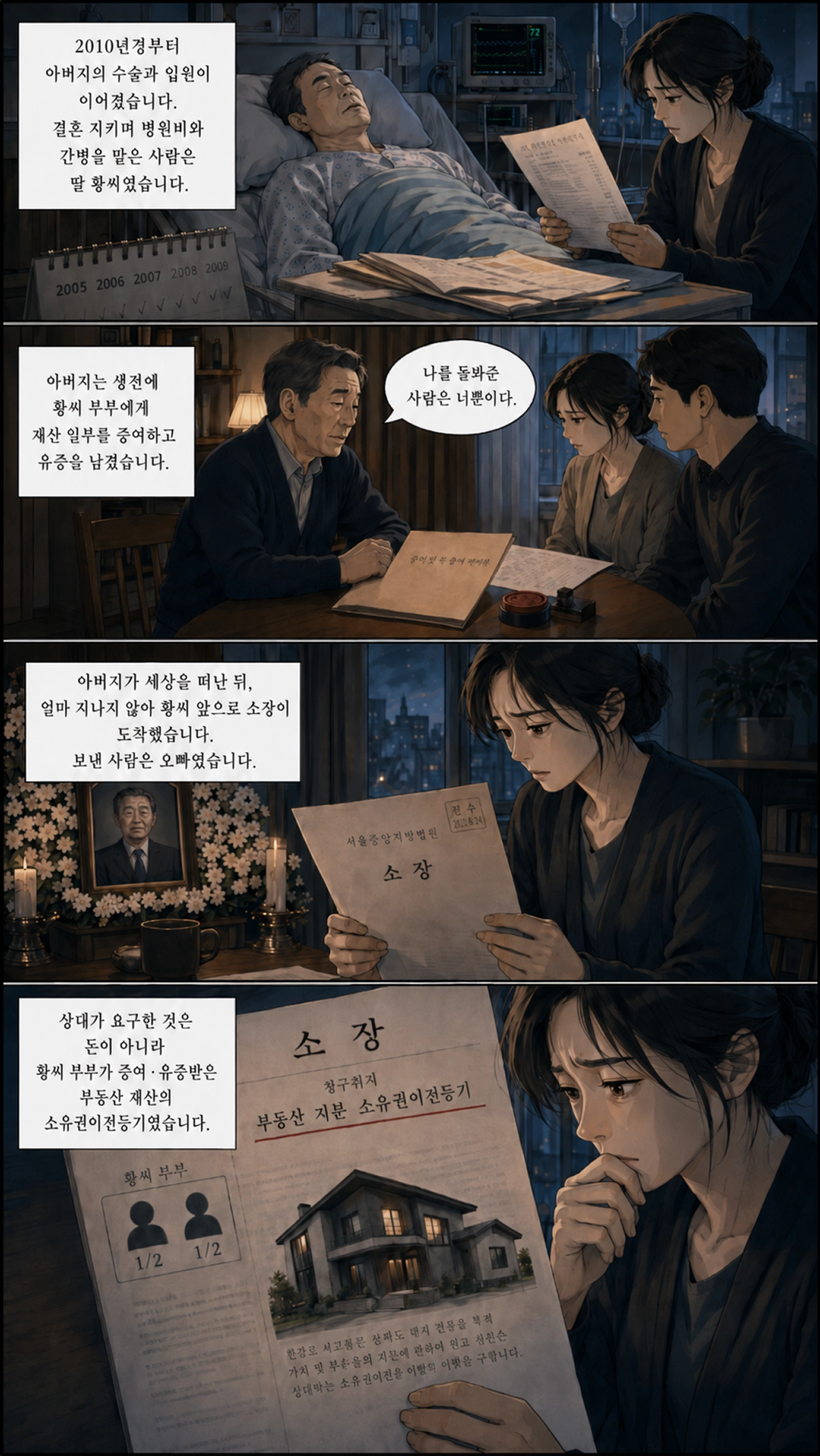 생전증여를 받은 딸이 가족에게 유류분반환청구 소송 소장을 받은 상황을 그린 일러스트