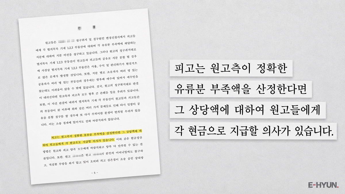 피고 측이 현금 지급 의사를 밝히며 현금청산 방식의 화해권고결정을 요청한 준비서면 발췌