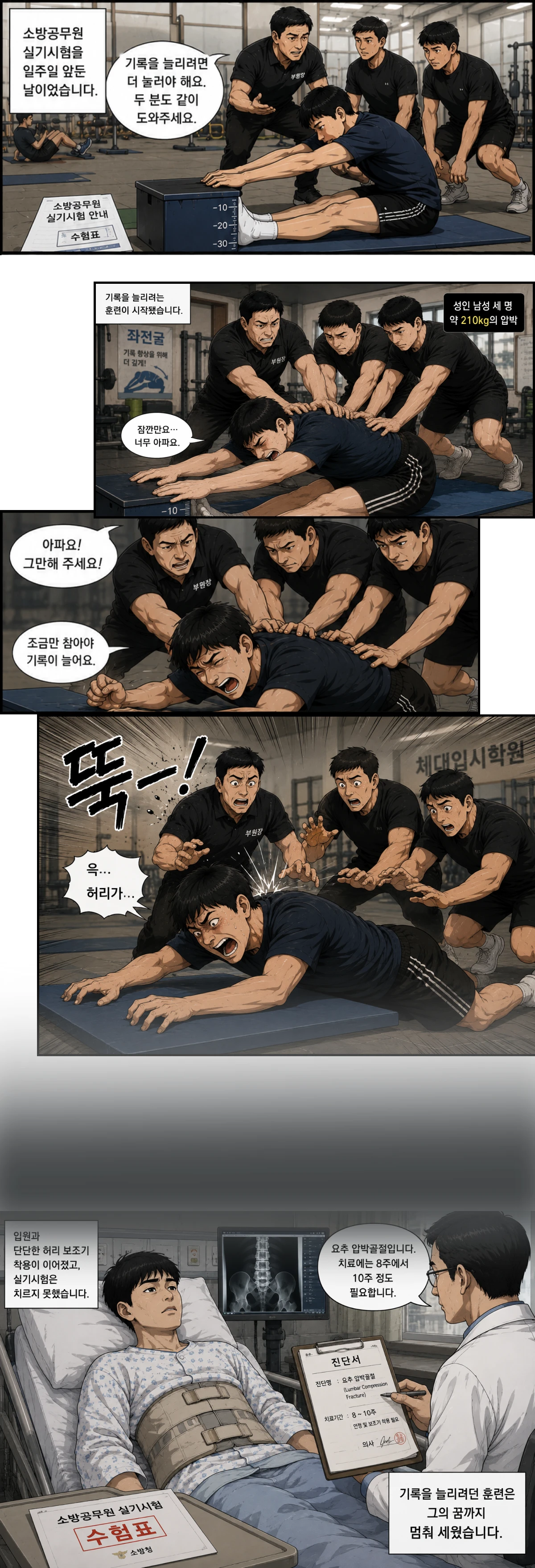체대입시학원에서 척추가 부처지는 사고가 난 과정